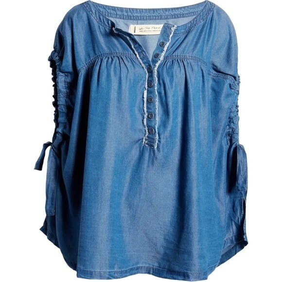 NWT Free People We The Free Summer Love Top Flowy Indigo Blue Tie Sleeve Size XS - Picture 2 of 15